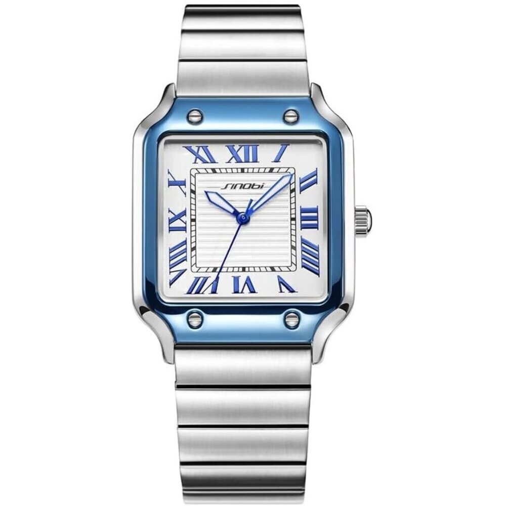 Men's Silver-Blue Classic Square Stylish Comfortable Roman Numerals Wrist Watch